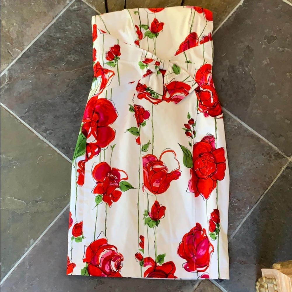 David Meister Strapless Roses with Bow Dress